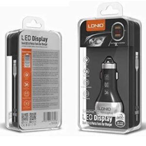 LDNIO C2 Qc 3.0 in Car Charger with Led Car Battery Display 2 Qc3.0 USB Port, Support All Mobile Phone Charger and Monitors (Black) with Type C Cable